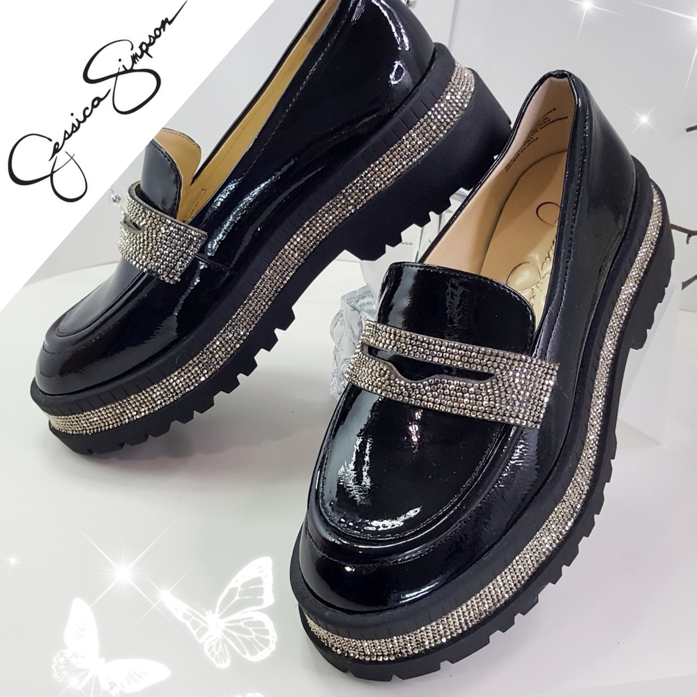 Jessica Simpson🌺Everlyn Black Patent Rhinestone Platform Loafer